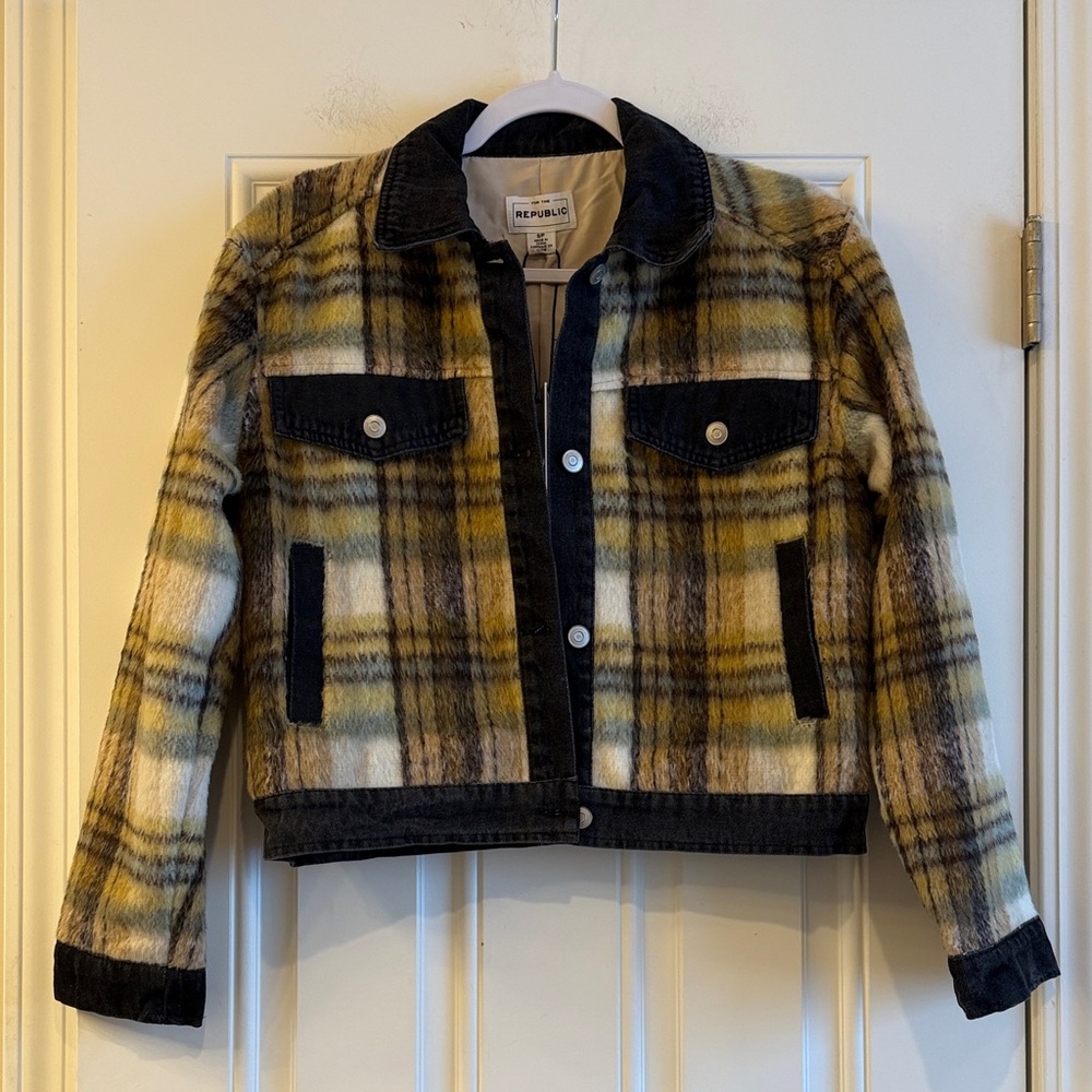 NWT For The Republic Black Denim/Yellow Plaid  Jacket